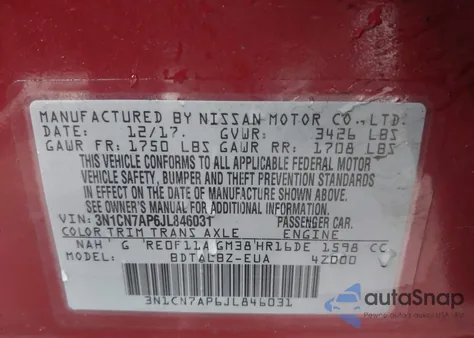 2018 Nissan Versa 1.6 Sv from USA, damaged, VIN 3N1CN7AP6JL846031